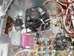 This is JJ's crazy ass FanStack.  He took 2 Volcano 2's and stole the fan off one and stacked it on top of the other.  By doing this he reduced the temperature by 30 degrees on his Athlon 850.