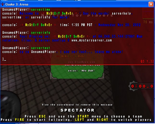 serverinfo: a quake script initiated by ronr that will allow interactive communication w/ the server console. most game support this natively, but not q3, ohhh no! heh