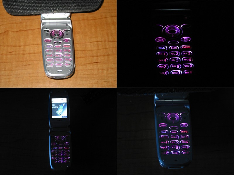 Here are some shots of the phone after the mod! I would have liked them to be a bit more purple, a bit less pink... But it is way cooler than the green and way brighter!