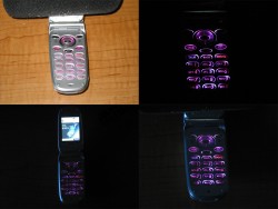 Here are some shots of the phone after the mod! I would have liked them to be a bit more purple, a bit less pink... But it is way cooler than the green and way brighter!