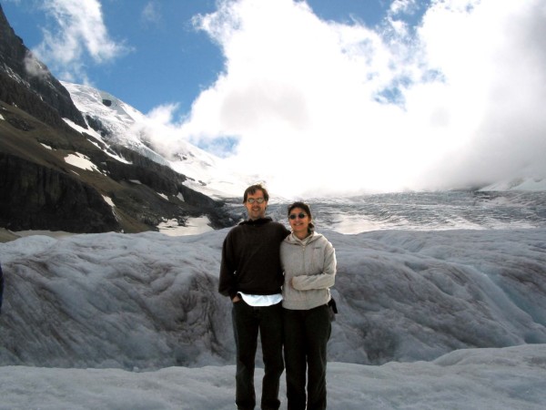 the wife and i on the glacier that is moving some 8 inches a year.